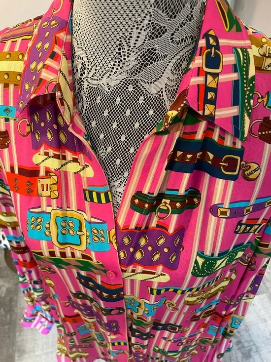 L'AGENCE Hot Pink Silk Belt-Print Blouse - Picture 3 of 7